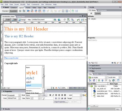 What not to do with styles in Dreamweaver
