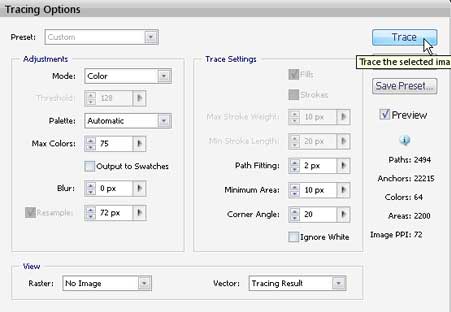 Illustrator vector paths trace options